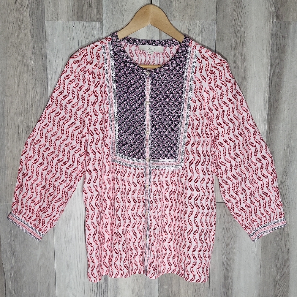 Loft NWT Boho Leaf Bib Blouse Lightweight‎ Peasant Red White Blue Small